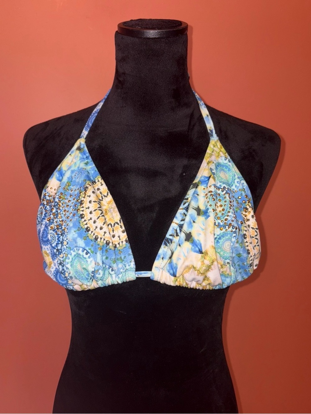 VENUS Y2K 2000’s Blue Multi Halter Bikini Top with Yellow Accents